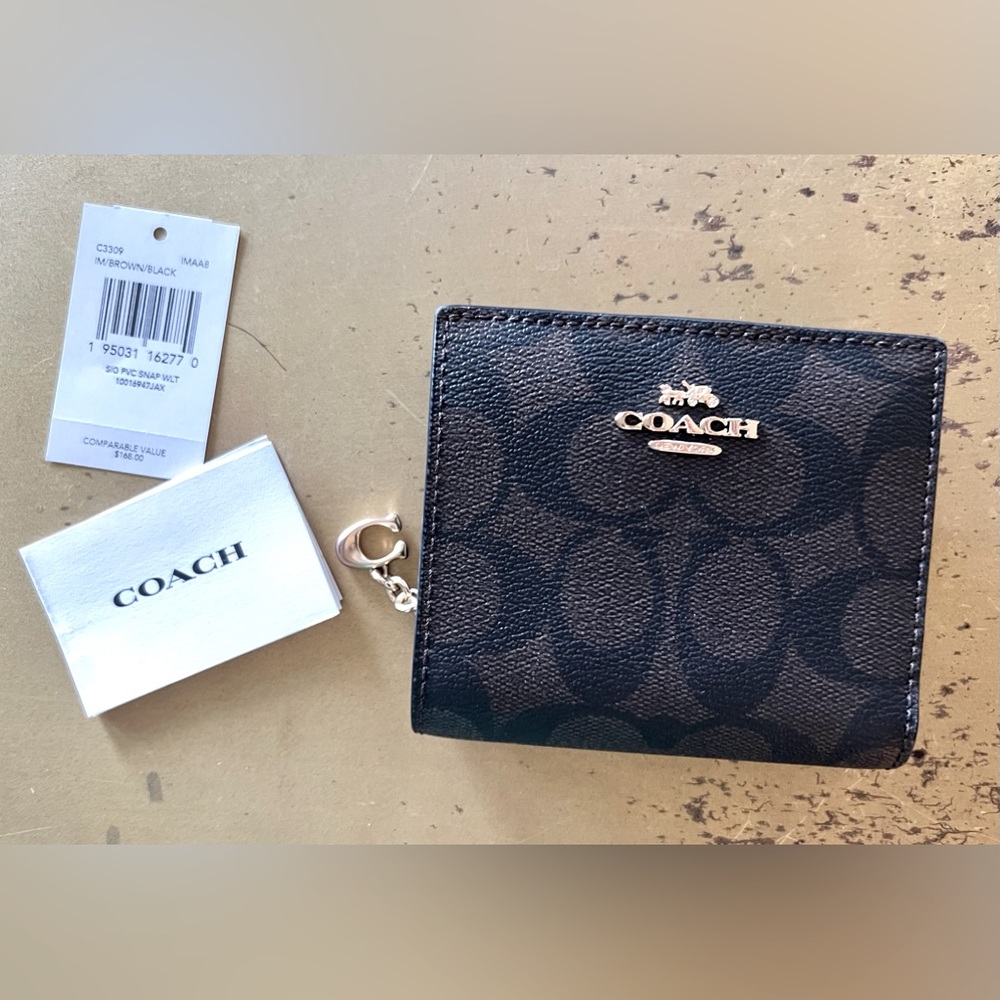 COACH Snap Wallet Signature Canvas Black Brown Gold Style C3309 NEW!
